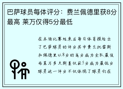 巴萨球员每体评分：费兰佩德里获8分最高 莱万仅得5分最低